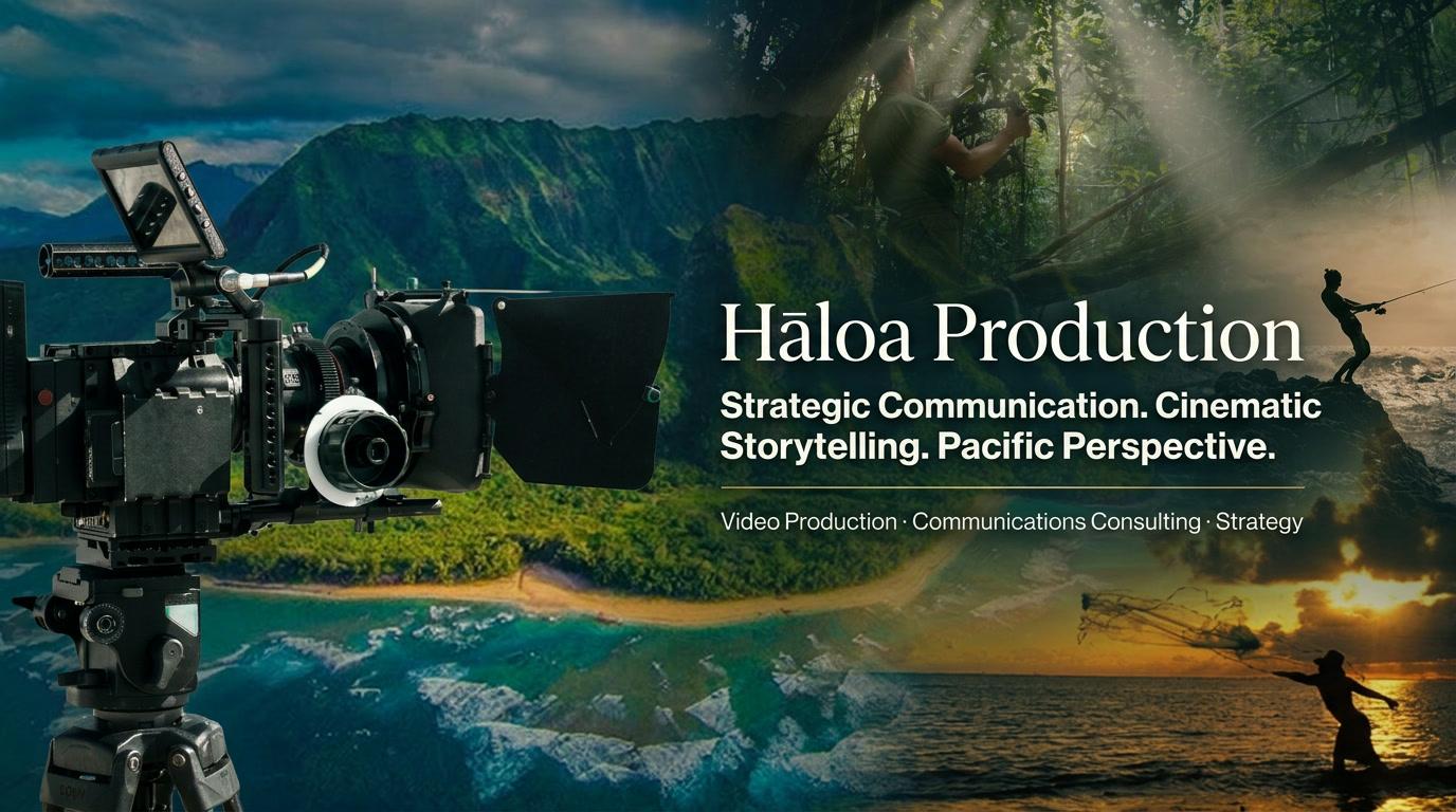 Homepage hero banner showing Haloa Production camera equipment, Polynesian landscapes, and field production scenes